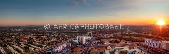 Gaborone city skyline panorama during golden sunset in Botswana 
